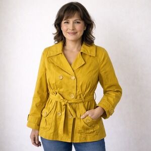 Max Mara Y2K Womens Mustard Yellow Double Breasted Belted Trench‎ Coat Medium